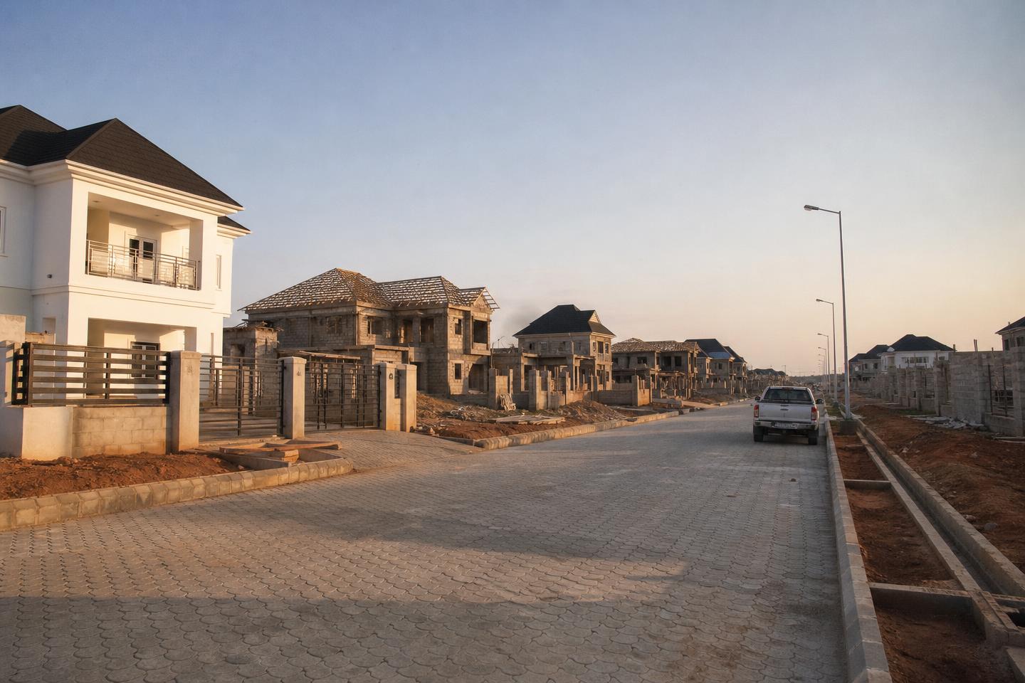 Modern Nigerian smart city with residential estates and commercial developments at dusk