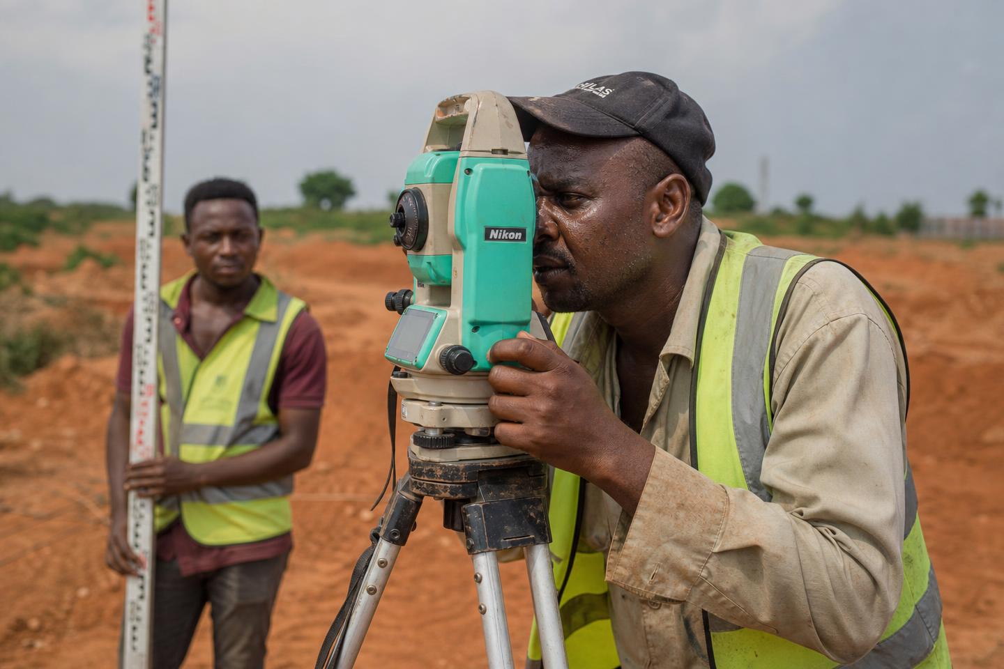 Nigerian surveyors verifying land beacons on site
